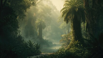 Naklejka premium Jungle panorama with dense fog, showcasing natural forest features and atmospheric conditions