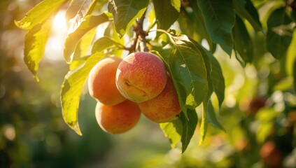 Peaches ripening on a tree surrounded by lush foliage, highlighting summer fruit production