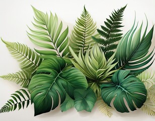 beautiful composition with fern and other tropical leaves on white background banner design