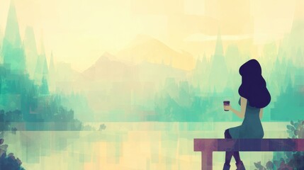 Obraz premium Woman sits on a bench by the water with a drink in her hand at sunrise