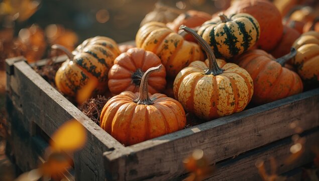Detailed view of multicolored striped pumpkins highlighting texture and pattern, serving as fall market display elements - Powered by Adobe