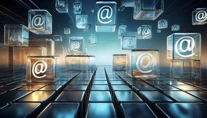 transparent glass cubes with email symbols floating creating an ethereal modern design