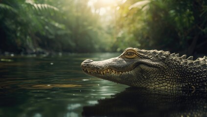 Fototapeta premium Close-up of a New Guinea Crocodile highlighting habitat for conservation efforts