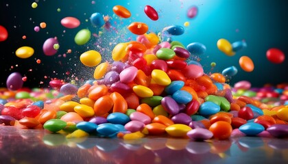 vibrant multicolored candy pieces falling and piling up