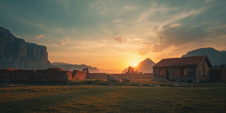 Ancient house walls in Gamsutl with sunset backlighting, highlighting preservation challenges