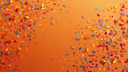 Bright confetti pieces on an orange background serving as a lively party scene backdrop