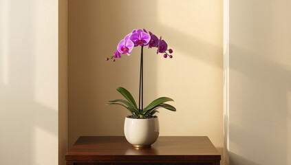 Decorative purple orchid in a pot placed on a table, highlighting indoor floral arrangement