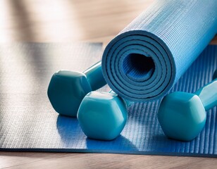 close up of blue dumbbells on exercise mat with rolled yoga mat in soft daylight perfect for fitness studio promotions wellness blogs home workout concepts and healthy lifestyle visuals