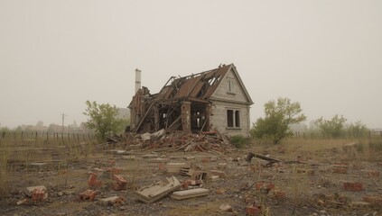 Collapsed structure with debris, urban ruin scene destruction and neglect