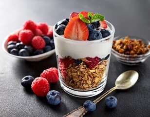 delicious berry granola yogurt parfait in glass