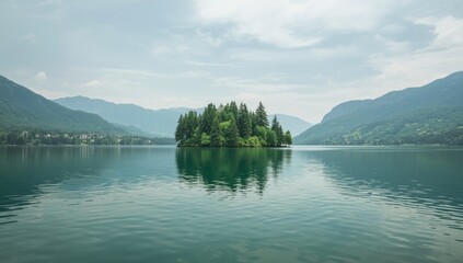 Serene lake scene featuring a tiny pine island and lush hills reflected in still water, soft cloud cover, nature preservation