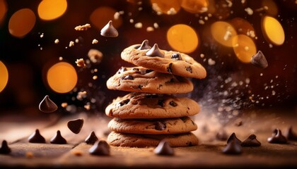 dynamic chocolate chip cookie with falling chunks and warm bokeh background