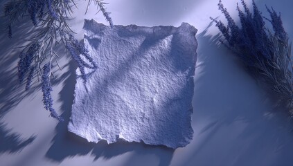 Textured paper rests beside sprigs of lavender with soft shadows.