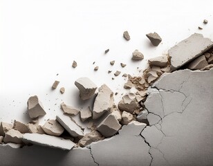 a close up image of a crumbling concrete wall with scattered debris on a white background