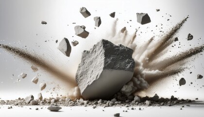 a close up image of a concrete explosion against a white background showing the debris scattering in mid air