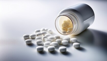 pills and medicine bottle on a white surface a close up shot of a white medicine bottle with pills scattered around suggesting healthcare and medication