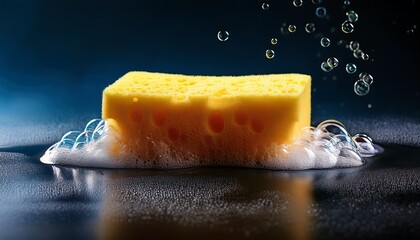 hand cleaning surface with foamy yellow sponge and bubbles