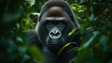 Obraz premium Portrait of a mountain gorilla in its forest environment, highlighting wildlife monitoring efforts