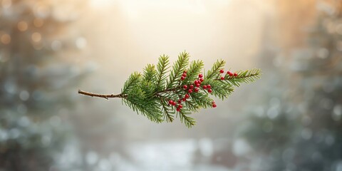 Thuja branch with berries, a cypress family conifer, highlighting landscape ornamentation during winter months