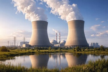 Nuclear energy production site featuring cooling towers and emission columns