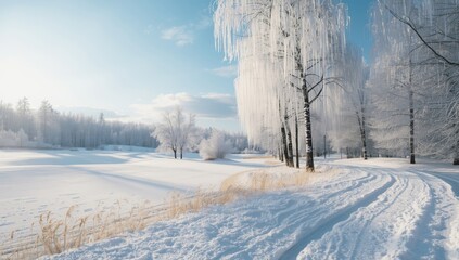Fototapeta premium Snowy park scene featuring frost-laden trees and snow-covered paths, ideal for winter-themed UI backgrounds