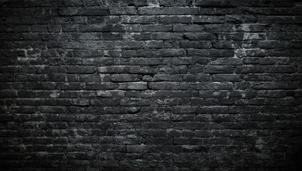 Panoramic view of aged black brick wall serving as a backdrop for visual layouts or signage