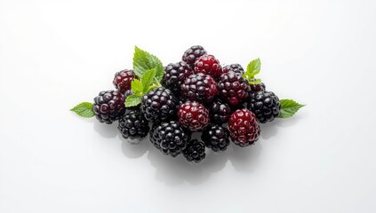 Blackberries arranged on a white surface for food styling, layout background, and editorial use