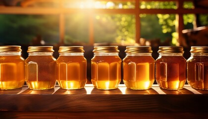 golden honey jars lined up on a rustic wooden shelf bathed in sunlight