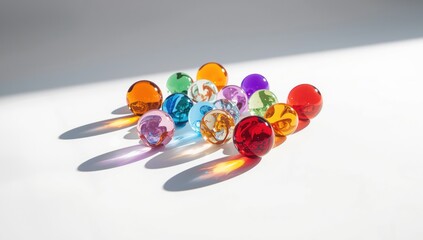 Vibrant glass spheres on a white backdrop with elongated shadows and light distortion, used as abstract background for graphic projects, Earth Day