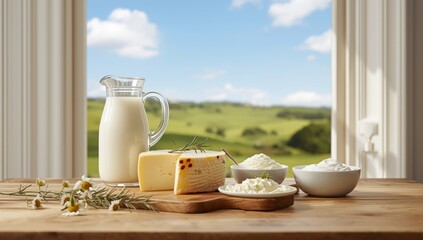 Organic dairy items such as milk cheese cottage cheese and sour cream, highlighting nutrient-rich foods