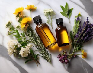 essential oil bottles with flowers and herbs on a marble surface this image showcases natural essential oils with fresh herbs and flowers perfect for beauty and wellness