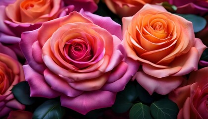 vibrant pink and orange roses in bloom