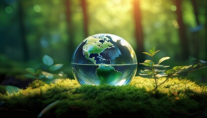 a glass earth globe sits on a bed of moss with a new green sprout growing from the top surrounded by a vibrant forest with sunlight filtering through the trees