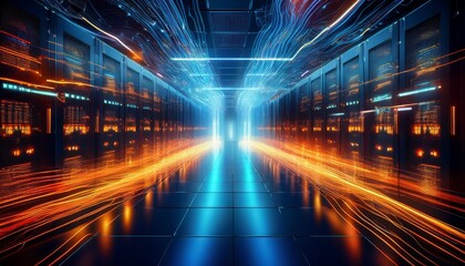 futuristic data flow in ai server room with glowing blue and orange lights ideal for it infrastructure cloud computing and digital technology visuals