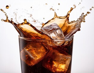 refreshing splash of cola with ice cubes beverage background white background image high quality studio shot