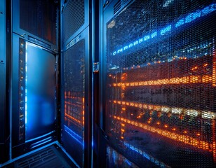 close up of illuminated data servers with blue and orange led indicators in a dark room ideal for it infrastructure cloud computing cybersecurity and advanced technology visuals