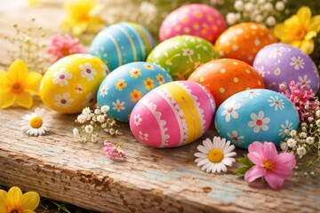 Fototapeta premium Brightly decorated Easter eggs showcased on a worn wooden surface for holiday ambiance
