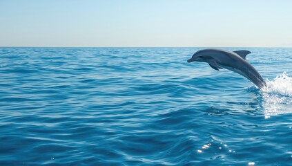 Obraz premium Dolphin breaking water surface in open sea, highlighting marine animal behavior, World Marine Animal Day