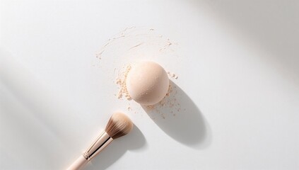 Powder ball with brush on a white surface, typical of beauty product preparation or application, makeup routine