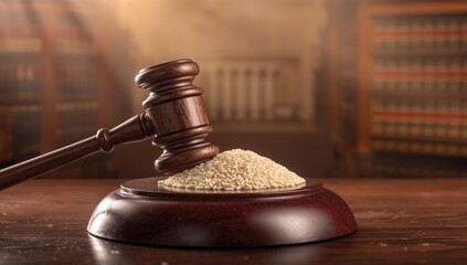 Courtroom scene with a judge's gavel resting on law books, representing legal decisions and judicial authority
