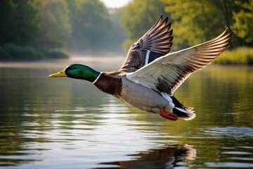 Obraz premium Focused shot of mallard duck gliding with wings extended over tranquil lake