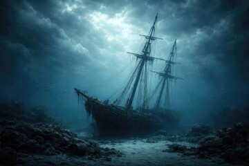 Fototapeta premium Ocean floor resting place of a ship with towering mast under expansive cloud cover