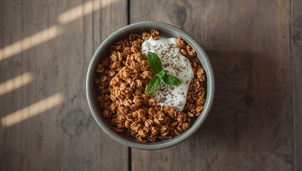 Healthy breakfast featuring granola, yogurt, and mint to highlight natural ingredients and fiber content