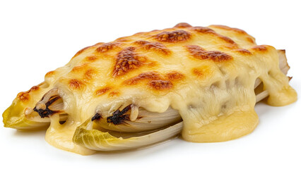 Horizontal Close-Up of Belgian Chicons au Gratin on White
