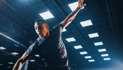 Powerful athletic man with a muscular build is captured mid-air in a dynamic pose during an intense workout in a modern gym with cinematic blue lighting