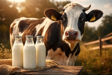 Happy dairy cow standing alongside three bottles filled with milk