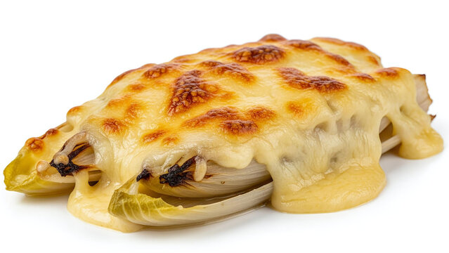 Horizontal Close-Up of Belgian Chicons au Gratin on White