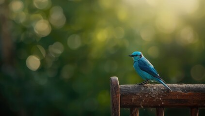 Fototapeta premium A blue love bird sitting on a wooden perch, showcasing bird relaxation, World Bird Day