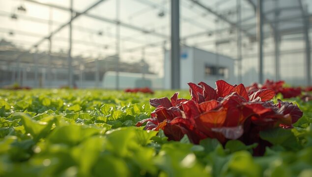 Soilless vegetable farming featuring butter head lettuce and red coral, highlighting sustainable practices, Earth Day