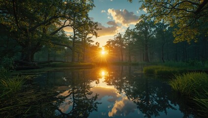 Obraz premium Sunset illumination and water reflections in a bottomland forest, ideal for editorial header backgrounds